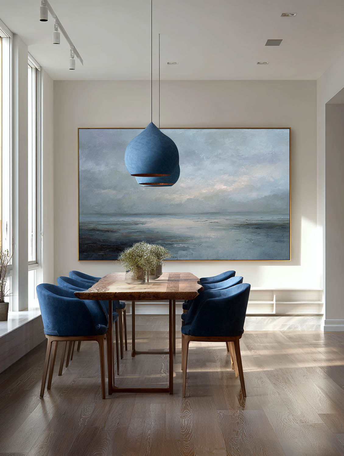 Large Blue And Gray Beach Oil Painting Minimalist Coastal Wall Art Neutral Blue Seascape Painting Handmade Minimalist Beach Scene Art