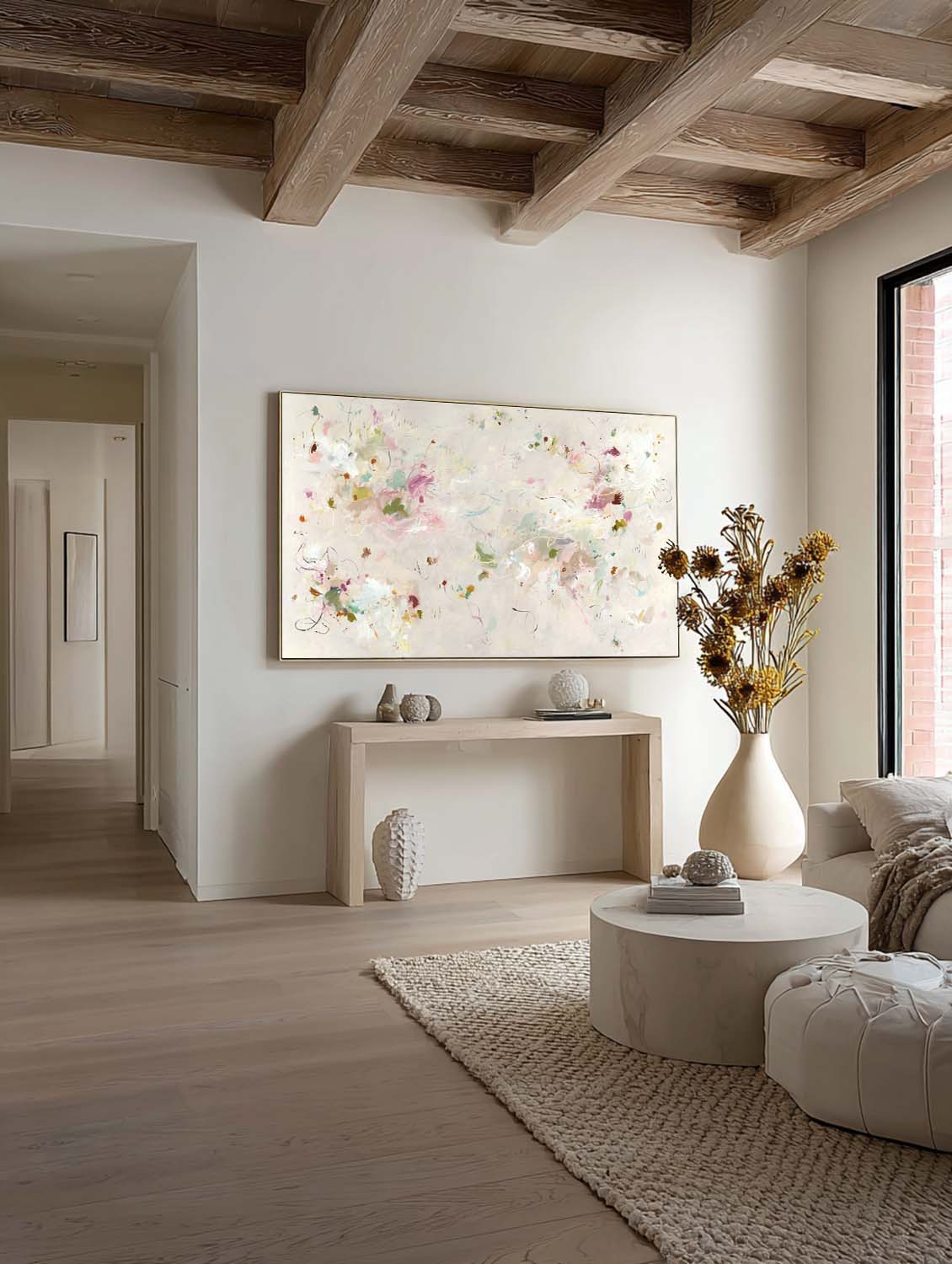 Original Beige Flower Oil Painting Large Horizontal Beige Abstract Painting On Canvas Horizontal Multicolor Abstract Wall Art