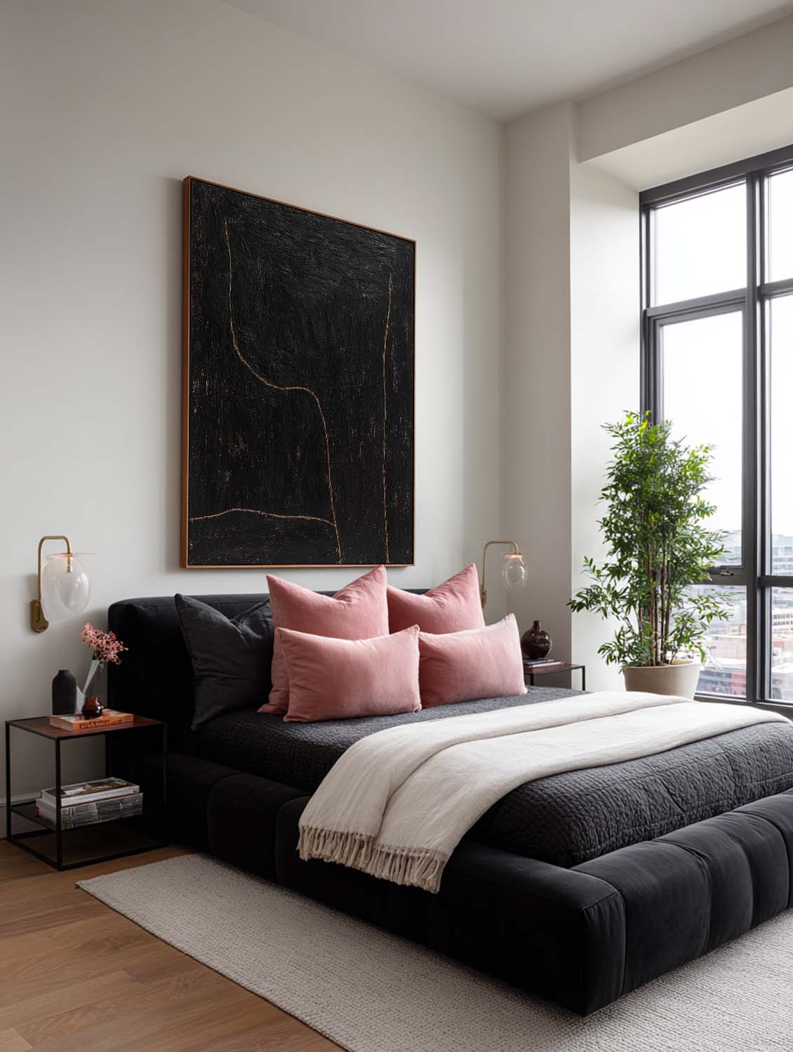 Black Minimalist Line Art Painting On Canvas Handmade Black Abstract Line Artwork Modern Black Textured Line Painting