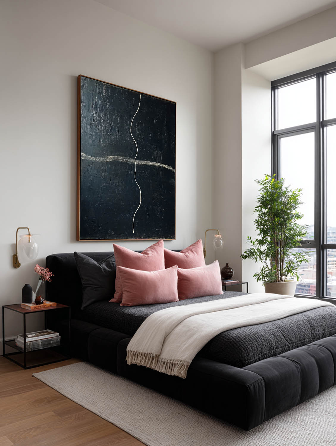 Handmade Modern Black Line Painting Large Minimalist Black Line Wall Art Large Abstract Wall Decor For Living Room