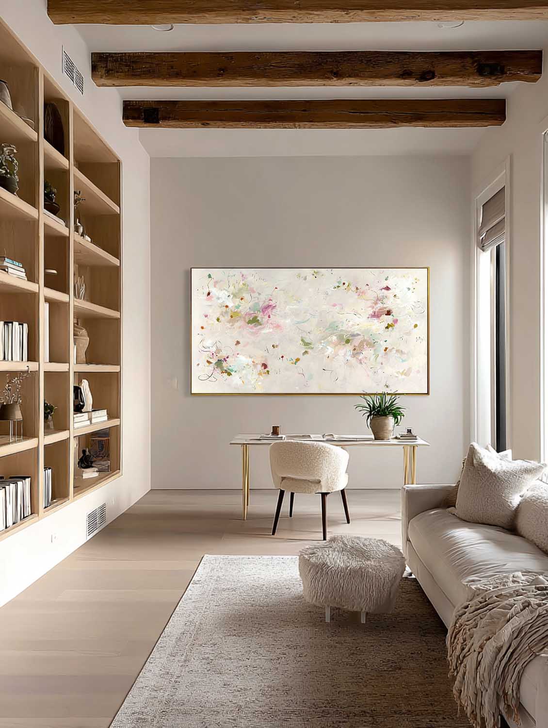 Original Beige Flower Oil Painting Large Horizontal Beige Abstract Painting On Canvas Horizontal Multicolor Abstract Wall Art