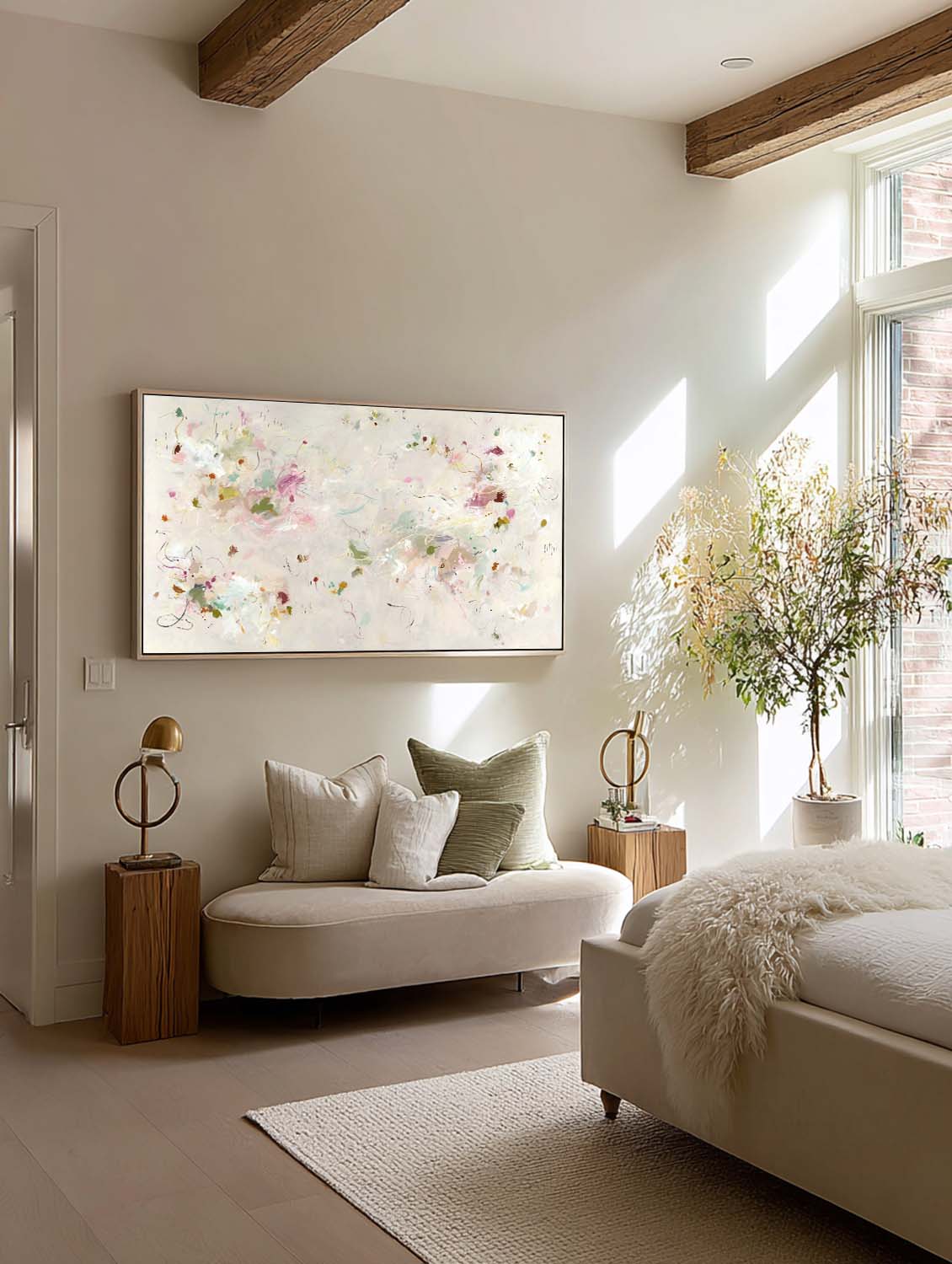 Original Beige Flower Oil Painting Large Horizontal Beige Abstract Painting On Canvas Horizontal Multicolor Abstract Wall Art