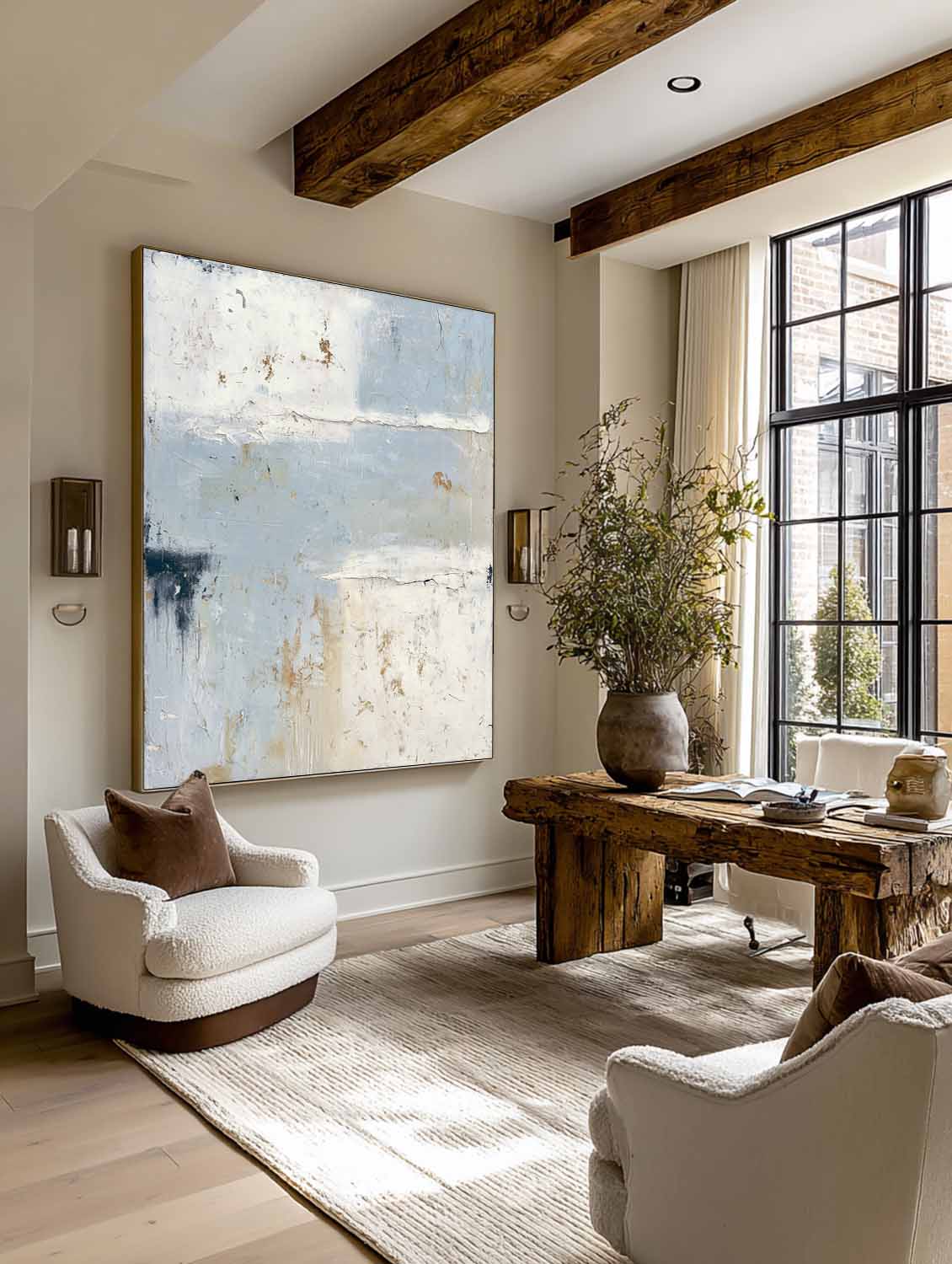 Large Blue And Gray Wabi Sabi Abstract Painting Minimalist Textured Canvas Wall Art For Modern Home Decor