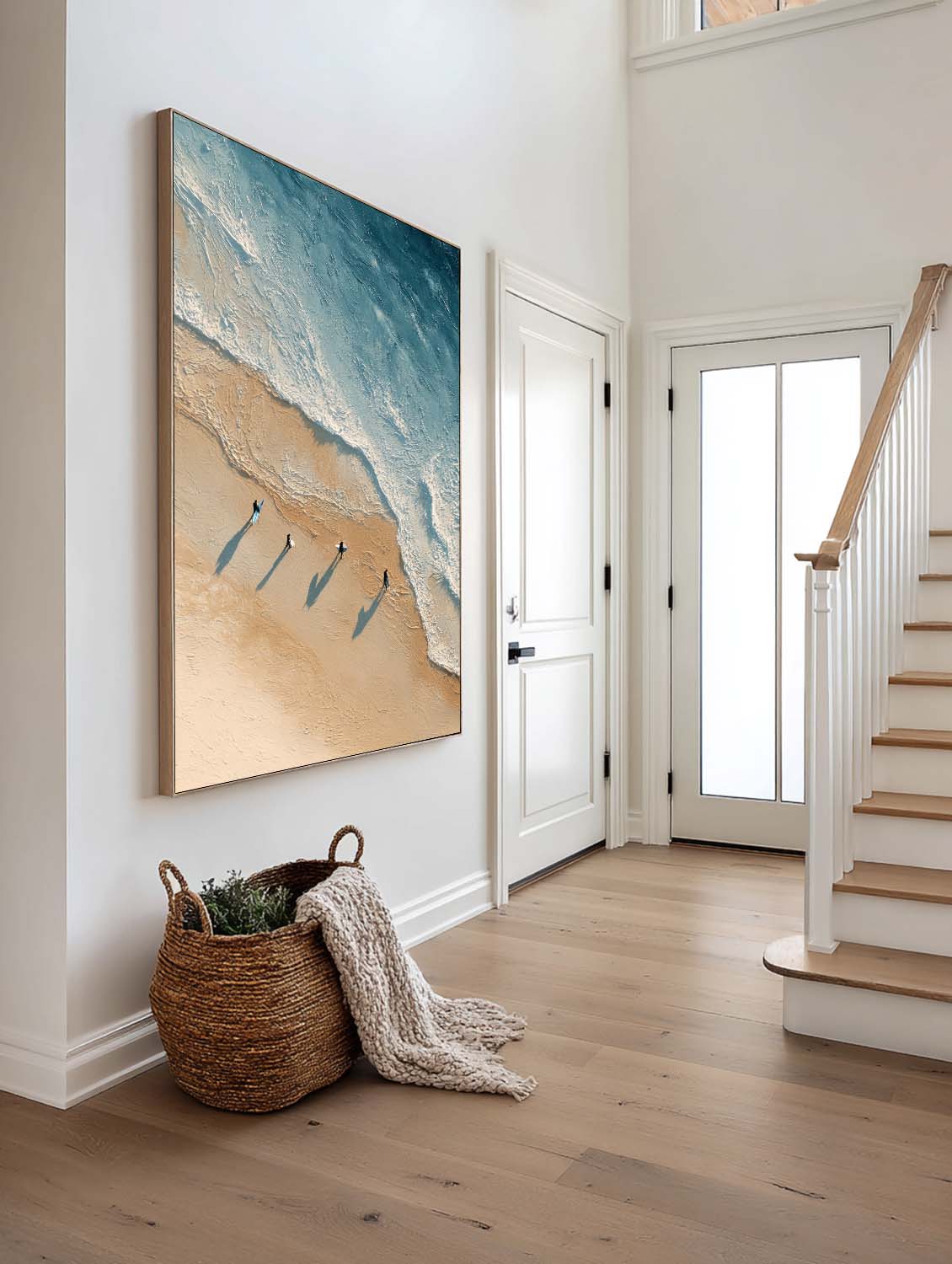 Large Abstract Coastal Scene in Beige and Blue Large Minimalist Surfing Canvas Neutral Brown and Blue Seascape Painting