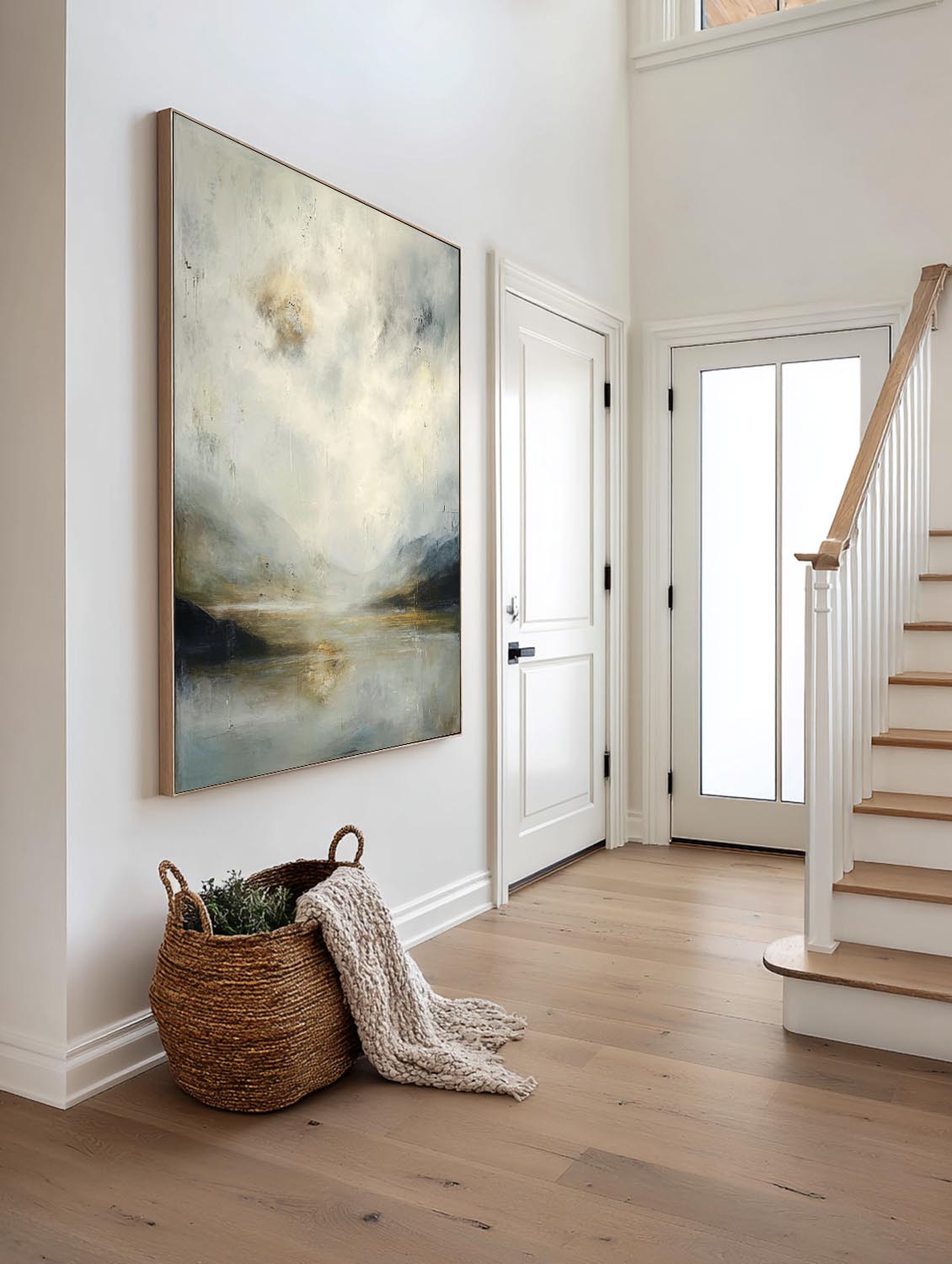 Large Neutral Landscape Oil Painting Minimalist Beige And Gray Lake Canvas Wall Art Original Abstract Lake Wall Art