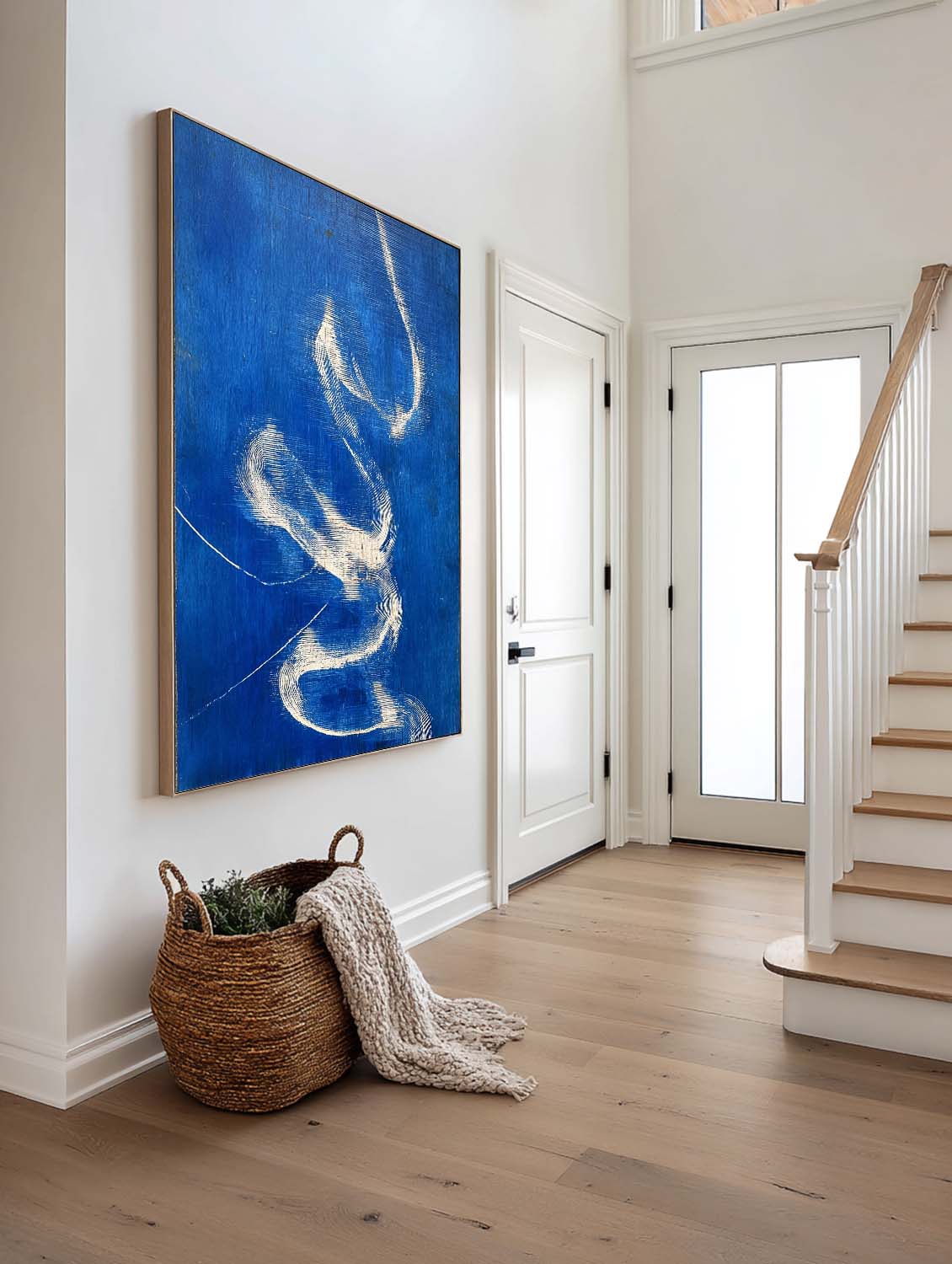 Hand-Painted Blue Abstract Oil Painting Modern Blue And White Abstract Painting Blue Abstract Line Wall Art