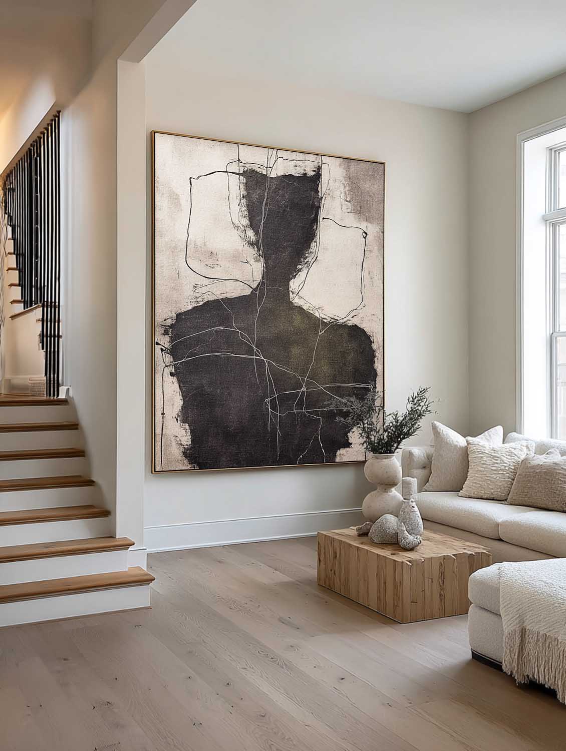 Large Black And Beige Minimalist Figure Oil Painting Original Abstract Line Artwork In Dark Green And Black Tones