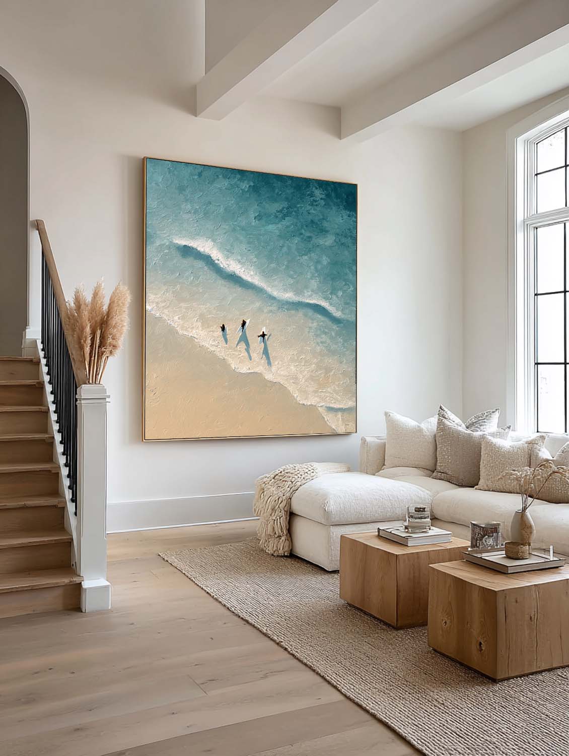 Handmade Blue and White Ocean Abstract Painting Blue and Beige Textured Surfing Wall Art Neutral Coastal Wall Decor