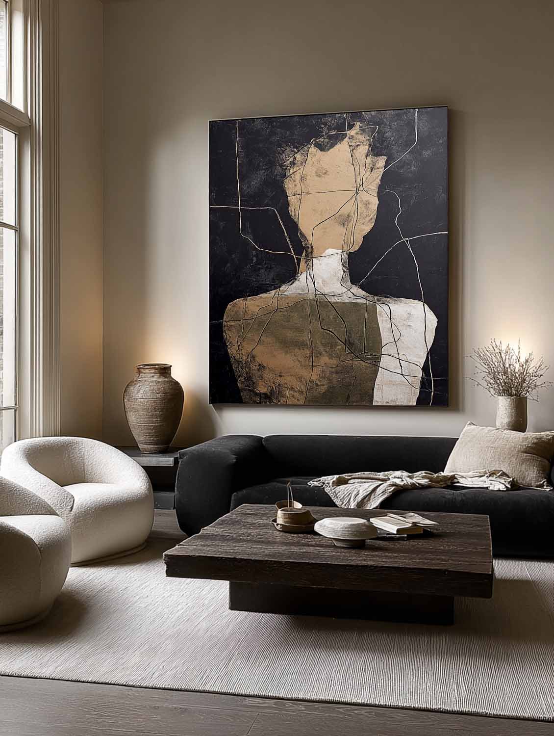 Original Beige And Black Abstract Figure Oil Painting Large Beige Minimalist Line Artwork Black And Beige Abstract People Art