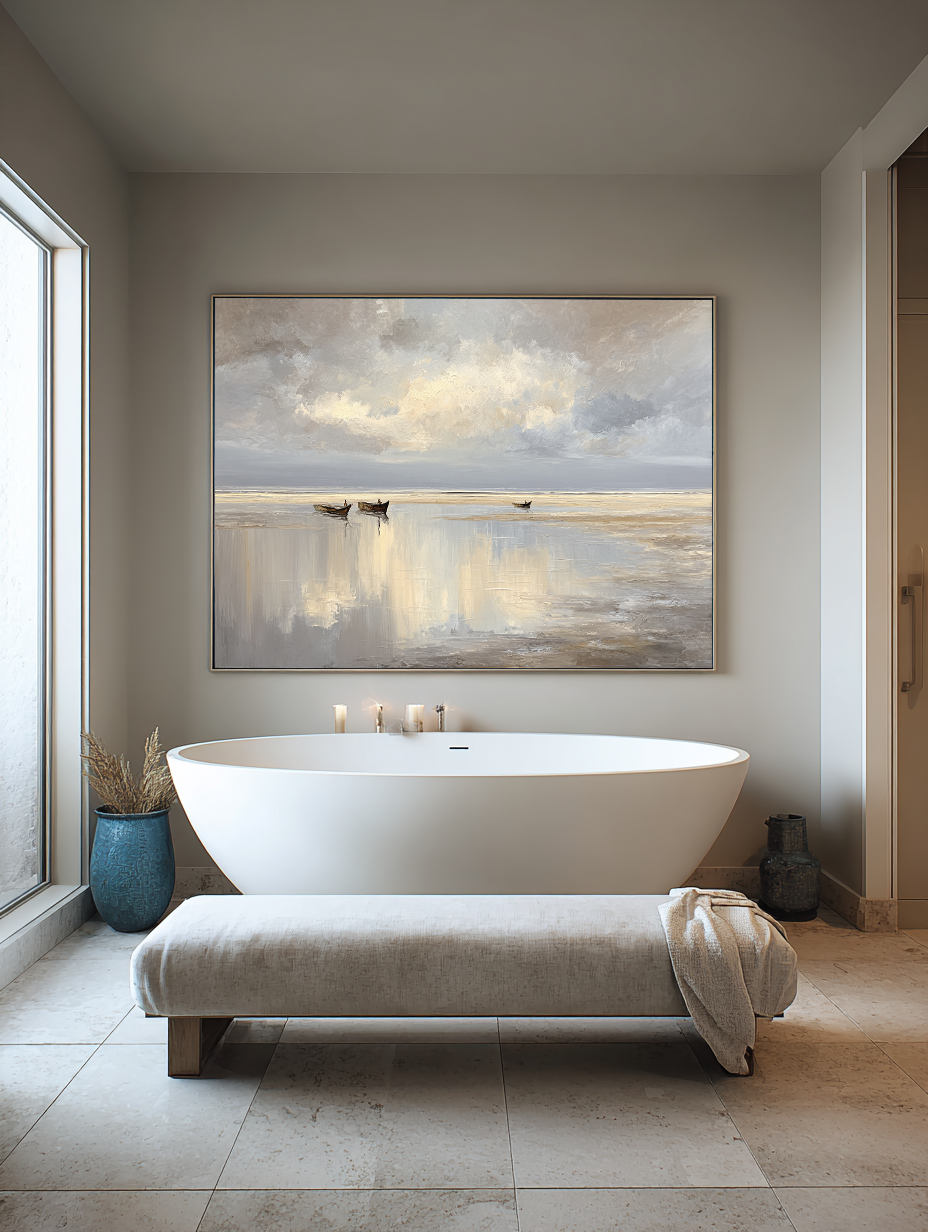 Neutral Handmade Seascape Art Large Beach Oil Painting Original Reflective Seascape In Neutral Tones