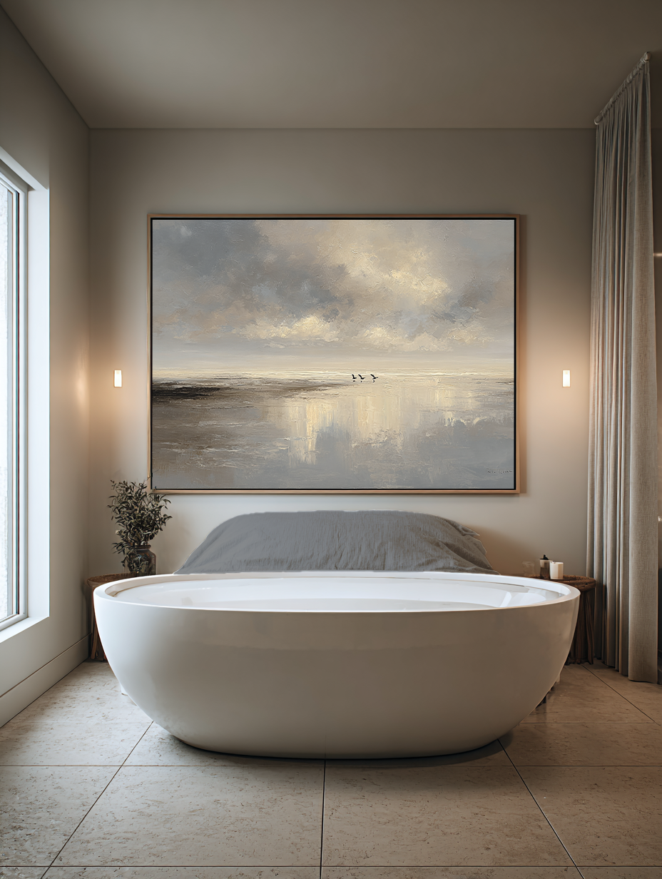 Original Beige And Neutral Seascape Minimalist Ocean Oil Painting On Canvas Large Handmade Coastal Wall Art
