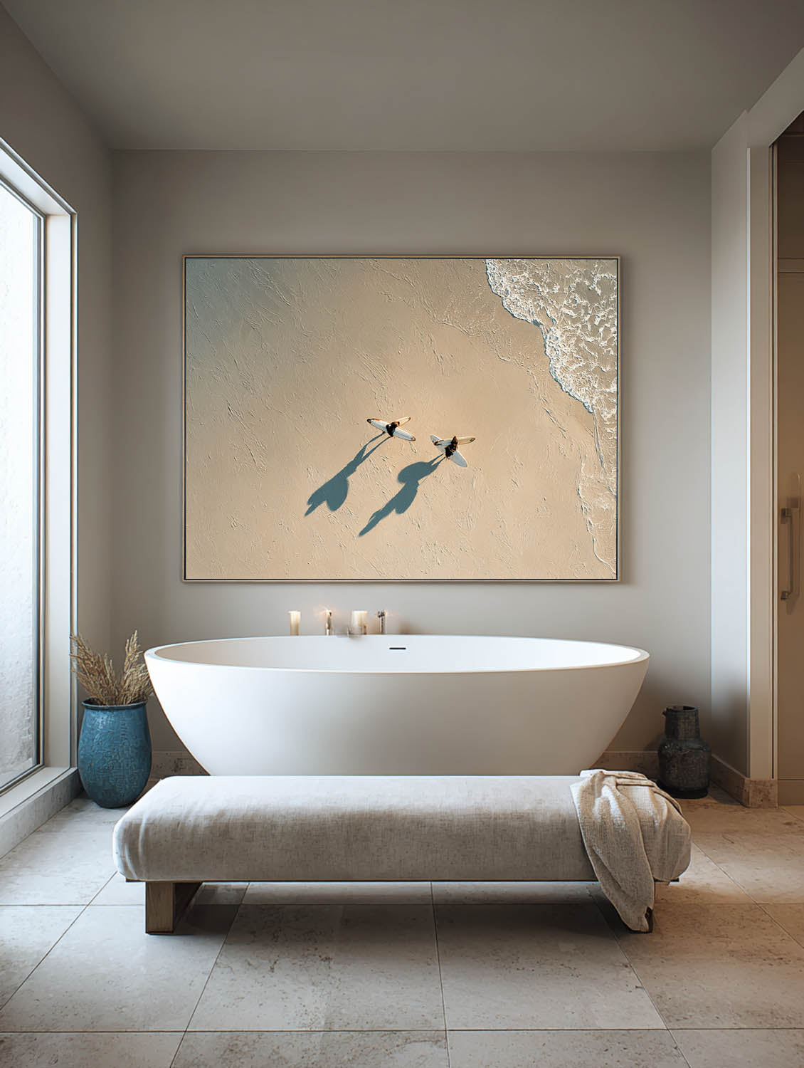 Contemporary Beige Minimalist Surfing Canvas Artwork Large Handmade Beach Scene Painting Neutral Coastal Abstract Wall Art