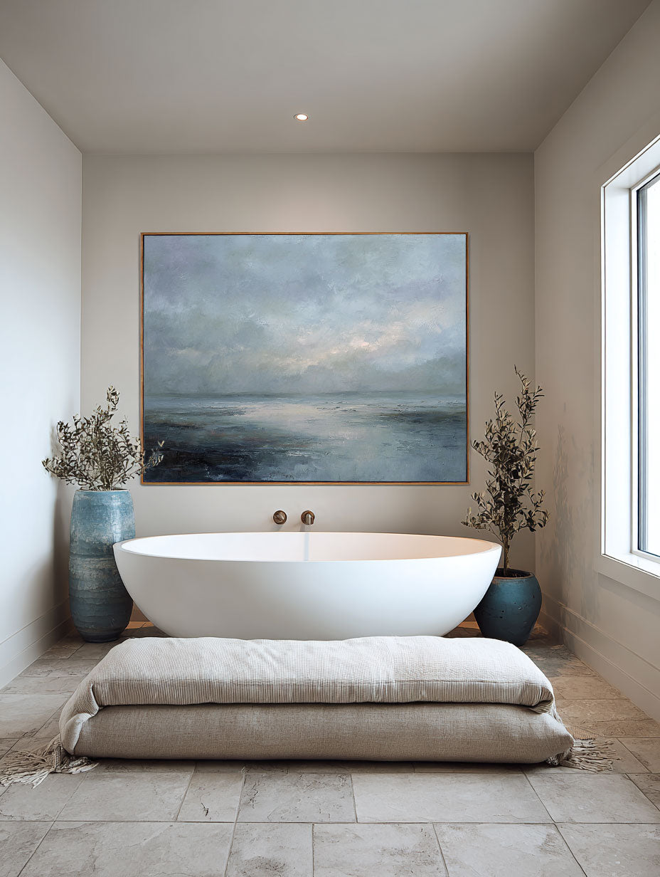 Large Blue And Gray Beach Oil Painting Minimalist Coastal Wall Art Neutral Blue Seascape Painting Handmade Minimalist Beach Scene Art