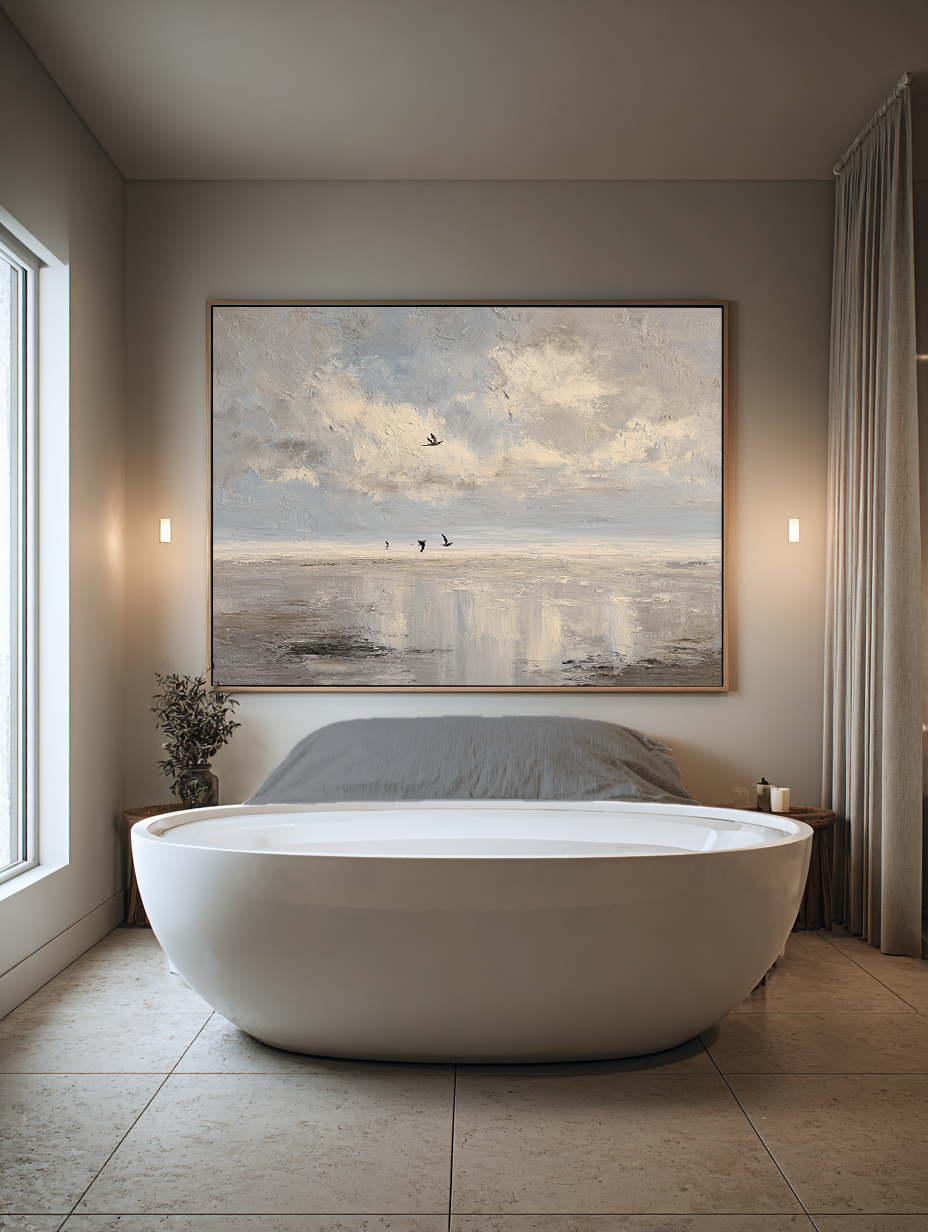 Large Neutral Coastal Oil Painting Textured Handmade Seascape Wall Art In Beige And Gray Original Beige Seascape Painting On Canvas