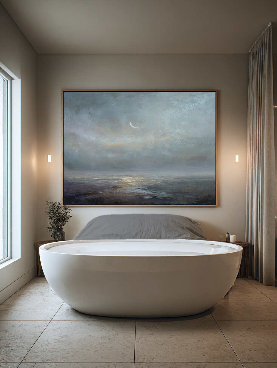 Large Wabi Sabi Abstract Ocean Painting In Blue And Gray Original Blue Gray Horizon Painting Large Gray Beach Oil Painting