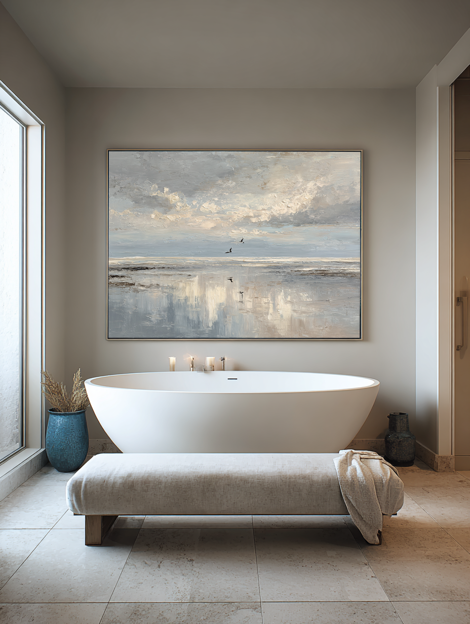 Original Beige And Blue Seascape Oil Painting Large Minimalist Seascape Wall Art Handmade Textured Blue Beach Painting