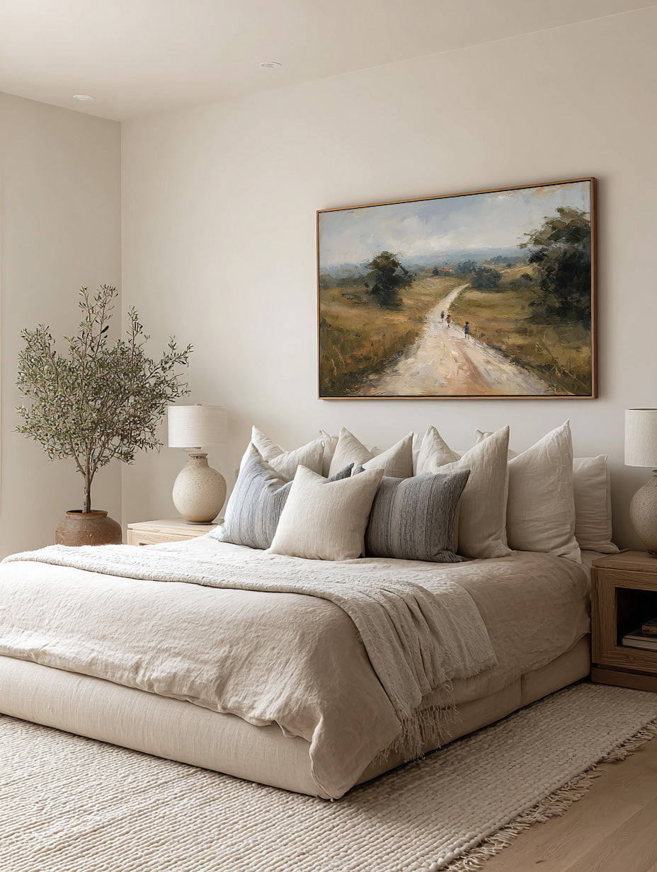 Large Minimalist Warm Earth Tones Country Road Landscape Wall Art Original Beige And Brown Countryside Oil Painting