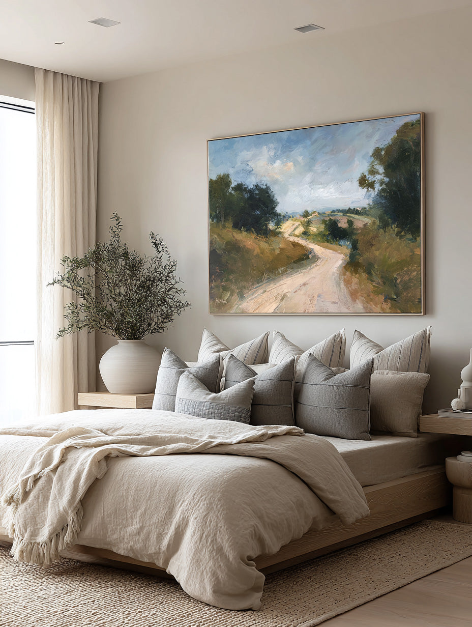 Minimalist Hand-Painted Rural Road Oil Painting Large Neutral Countryside Wall Art Large Country Landscape Wall Art 