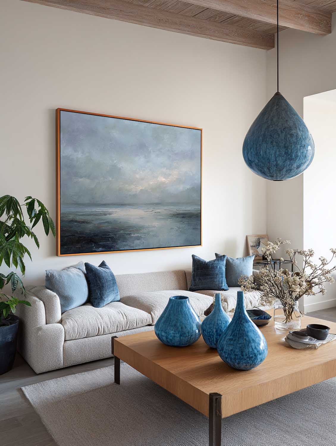 Large Blue And Gray Beach Oil Painting Minimalist Coastal Wall Art Neutral Blue Seascape Painting Handmade Minimalist Beach Scene Art