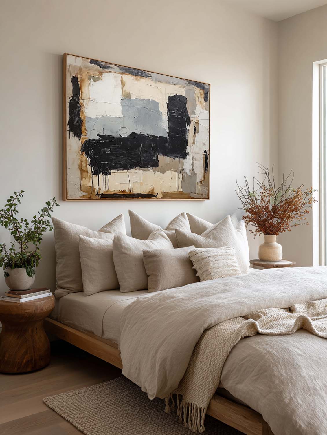 Large Minimalist Beige Gray And Black Abstract Painting Contemporary Abstract Beige And Black Canvas Decor