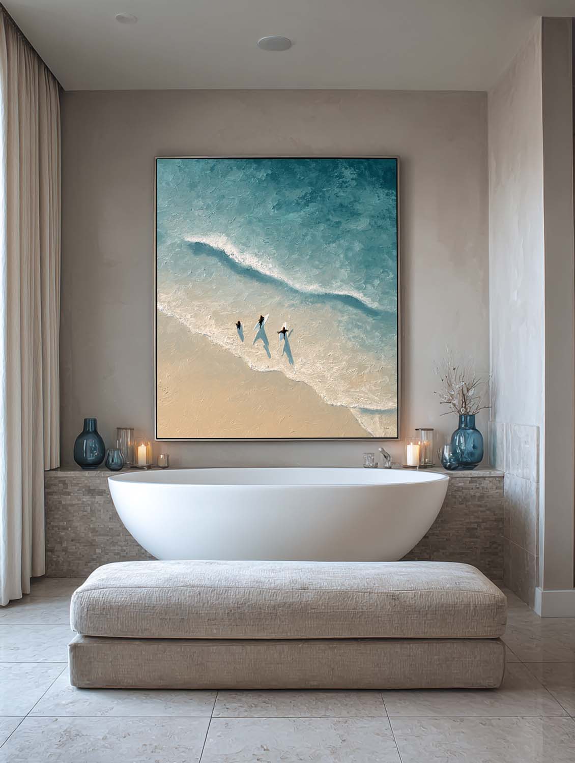Handmade Blue and White Ocean Abstract Painting Blue and Beige Textured Surfing Wall Art Neutral Coastal Wall Decor