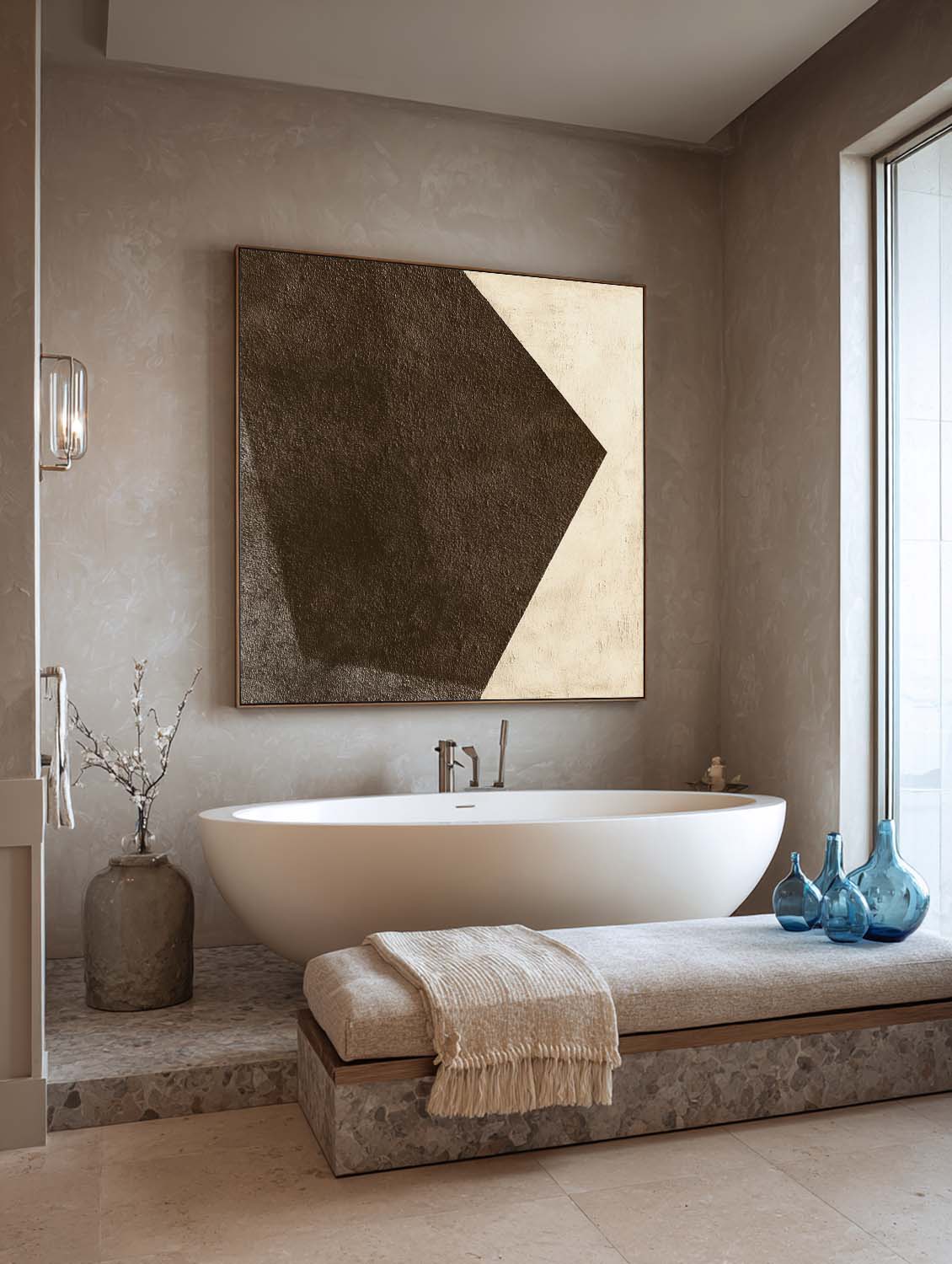 Large Brown And White Geometric Oil Painting Minimalist Brown Oil Painting On Canvas Neutral Brown Canvas Wall Art