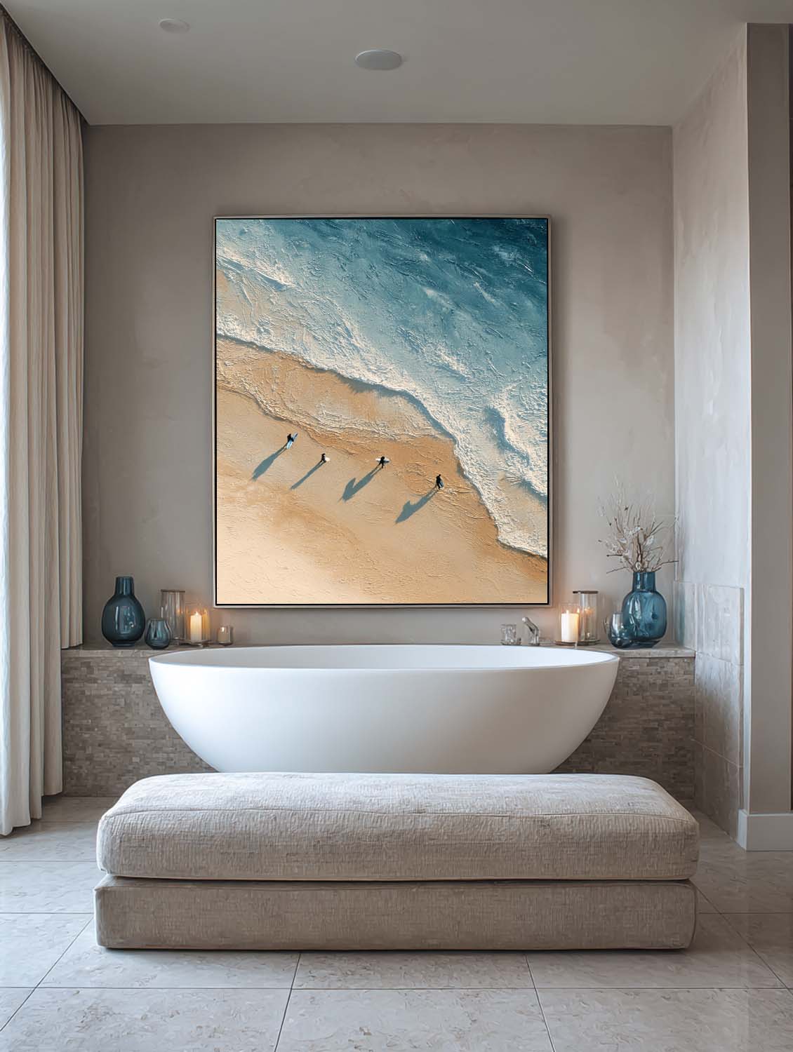 Large Abstract Coastal Scene in Beige and Blue Large Minimalist Surfing Canvas Neutral Brown and Blue Seascape Painting