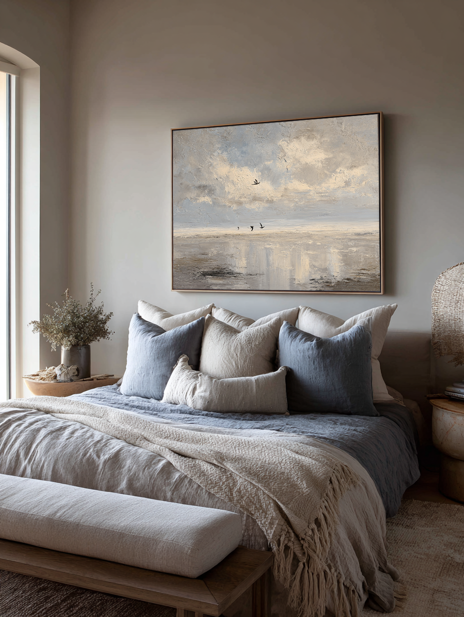 Large Neutral Coastal Oil Painting Textured Handmade Seascape Wall Art In Beige And Gray Original Beige Seascape Painting On Canvas