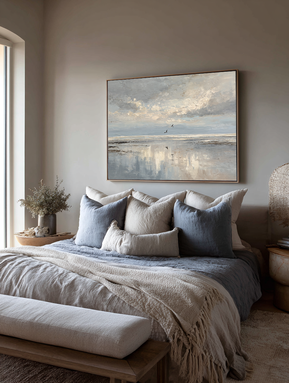 Original Beige And Blue Seascape Oil Painting Large Minimalist Seascape Wall Art Handmade Textured Blue Beach Painting