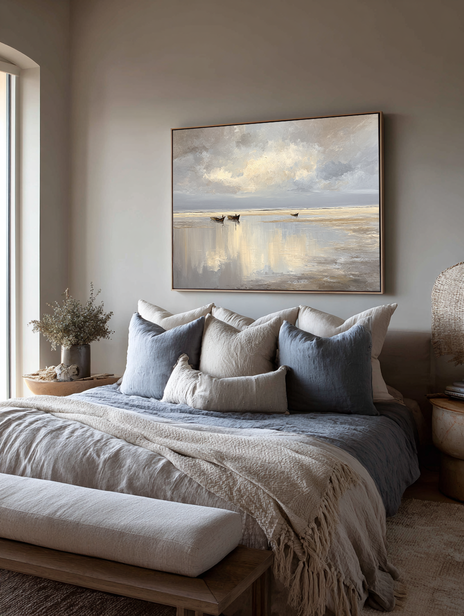Minimalist Abstract Seascape Oil Painting Handmade Beige And Grey Ocean Art Wabi Sabi Shoreline Wall Art