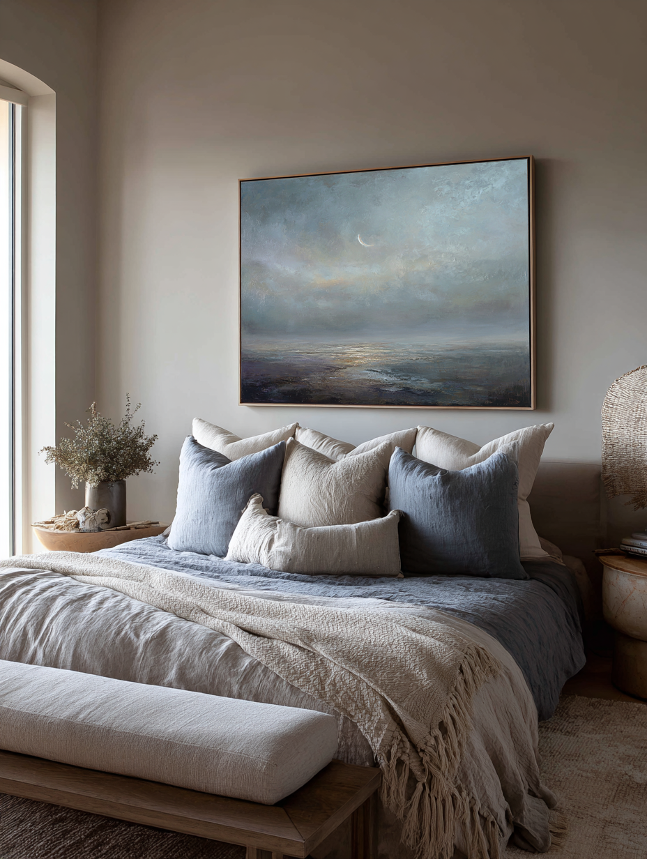 Large Wabi Sabi Abstract Ocean Painting In Blue And Gray Original Blue Gray Horizon Painting Large Gray Beach Oil Painting