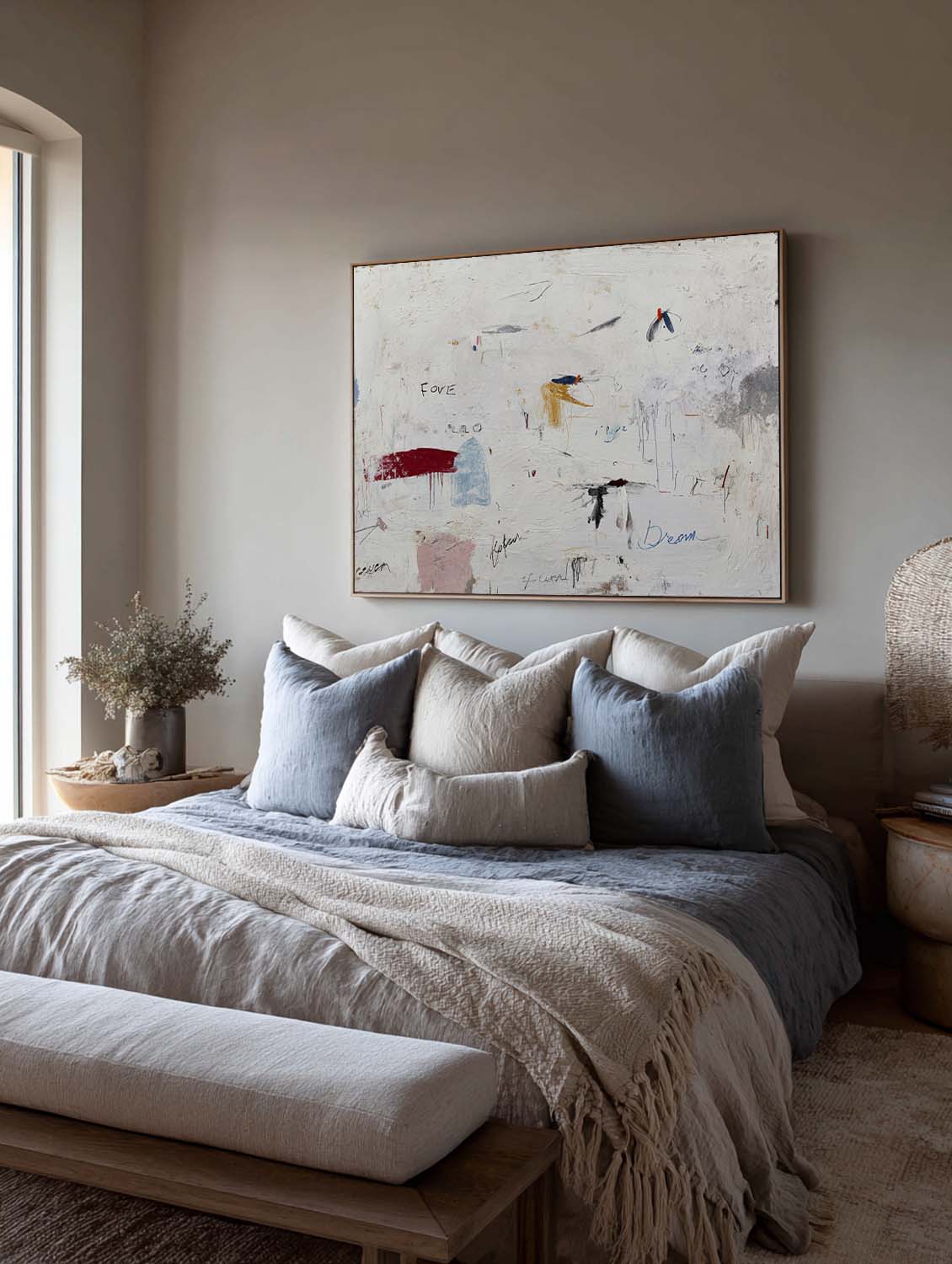 Contemporary Neutral White Graffiti Abstract Painting Minimalist Wabi-Sabi Graffiti Abstract Canvas Minimalist White Abstract Oil Painting