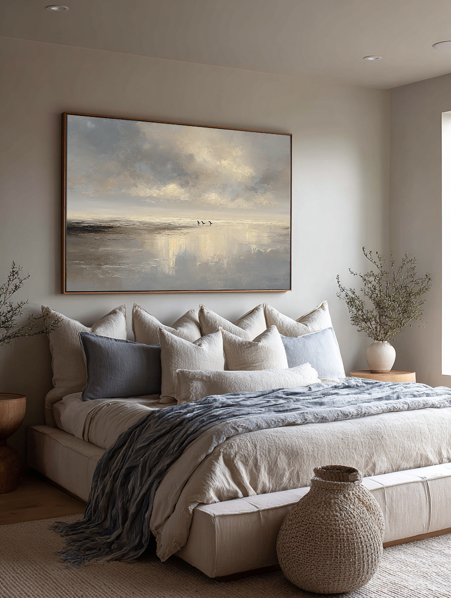 Original Beige And Neutral Seascape Minimalist Ocean Oil Painting On Canvas Large Handmade Coastal Wall Art