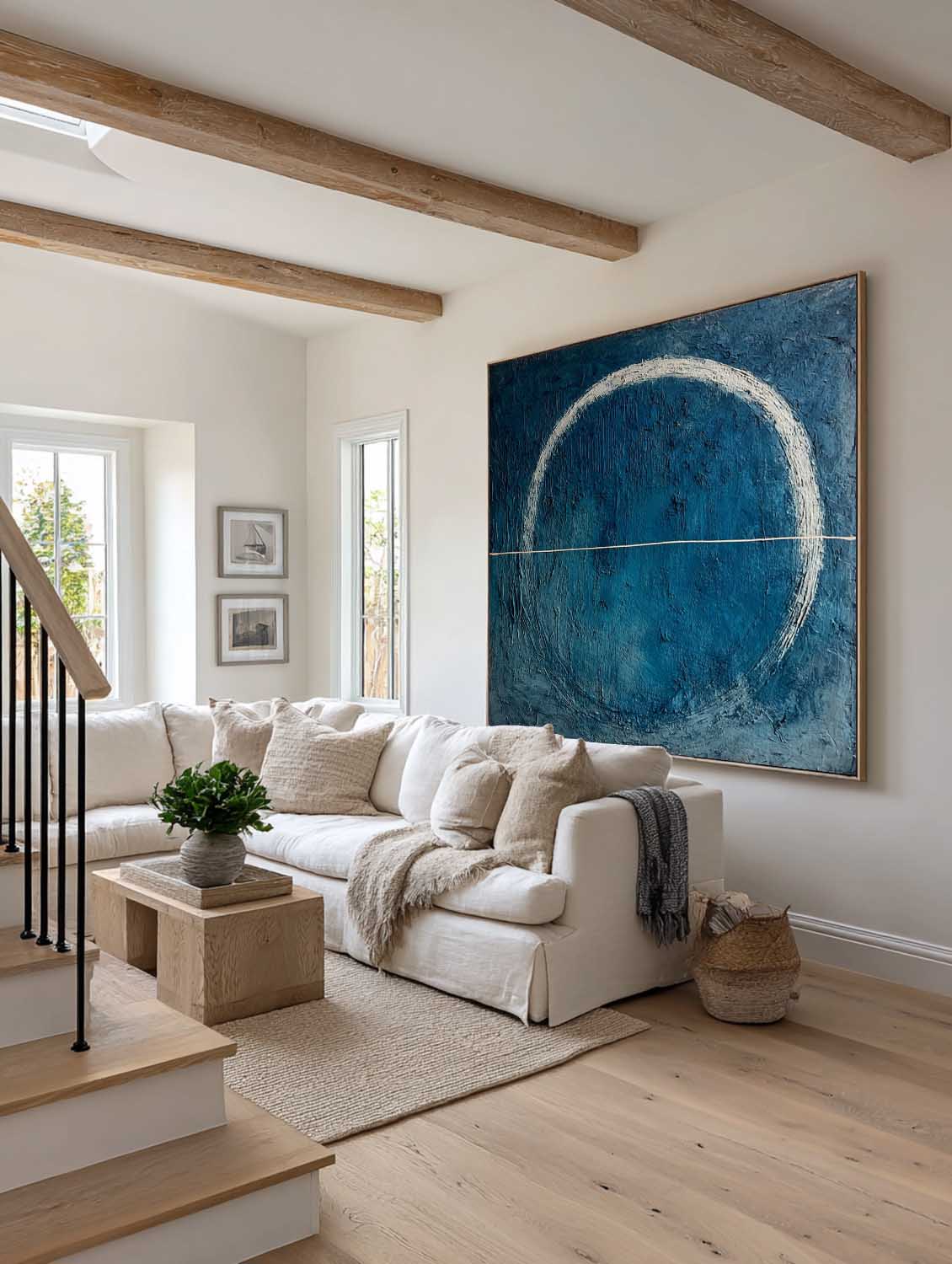 Blue Minimalist Circle Abstract Painting Handmade Blue Abstract Circle Painting Blue Abstract Line And Circle Painting