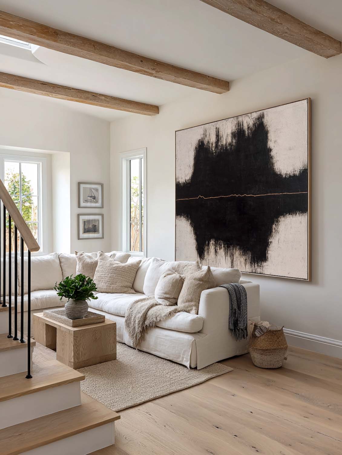 Handmade Black Square Abstract Painting Square Black And Beige Abstract Painting Neutral Beige Textured Canvas Art