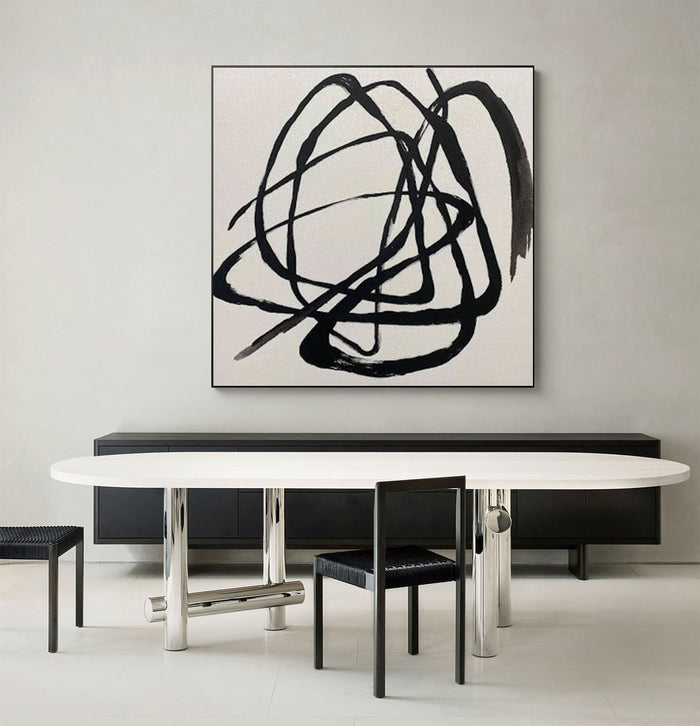 Abstract Line Pating Black Line Minimalist Wall Art Black Abstract Line Painting Beige and ...