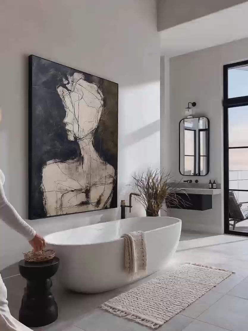 Contemporary Black and Beige Minimalist Figure Painting Minimalist Figurative Wall Art Organic Line Drawing Oil Artwork