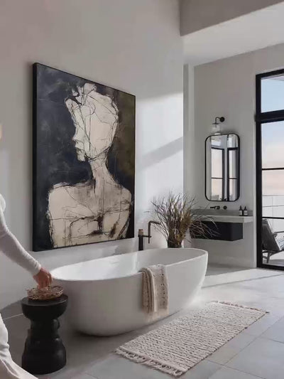 Contemporary Black and Beige Minimalist Figure Painting Minimalist Figurative Wall Art Organic Line Drawing Oil Artwork