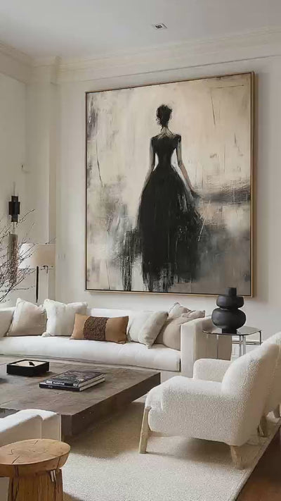 Contemporary Lady Painting In Black Dress Black Wabi-Sabi Abstract Painting Beige And Black Lady Canvas Art
