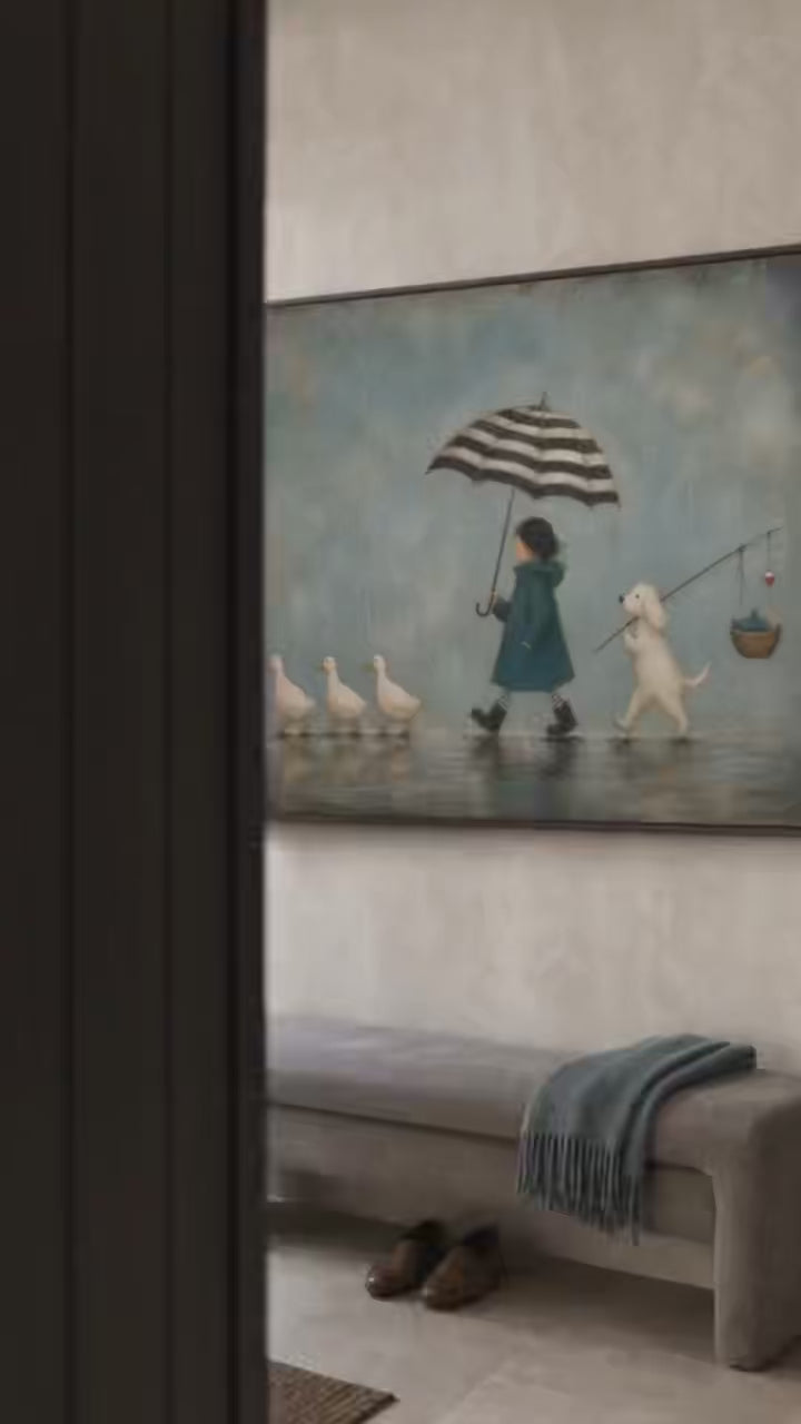 Charming Rainy Day Dog And Duck Art For Modern Kids Room Nursery Wall Decor