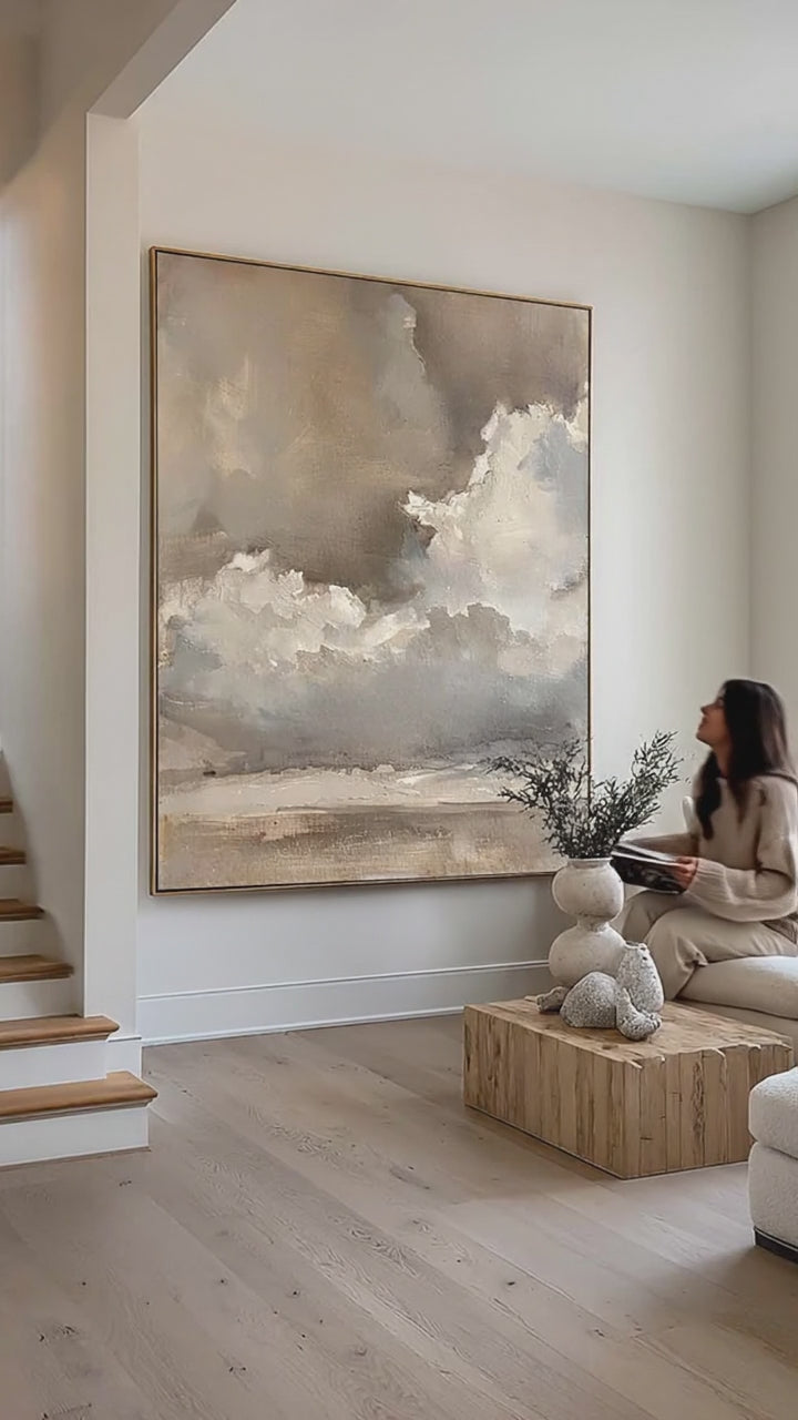 Vintage Beige And Brown Cloud Wall Art Cloudy Sky Oil Painting Vintage Neutral Cloud Painting