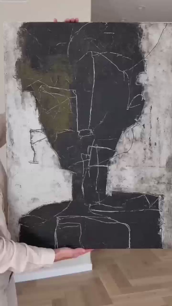 Beige Black Abstract Human Figure Painting Original Hand Painted Figure Oil Artwork On Canvas Neutral Figure Abstract Painting