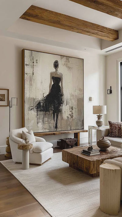 Handmade Modern Woman Art In Black Dress Large Wabi Sabi Female Painting Neutral Abstract Female Figure Oil Painting