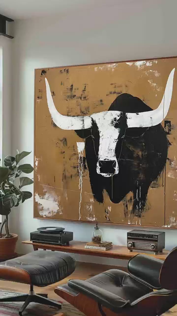 Retro White And Black Bull Horns Wall Art Vintage Bull Abstract Canvas Painting Large Bull Canvas Art