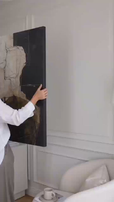 Black Beige Abstract Figure Painting Neutral Black And Beige Abstract Portrait Art Large Figure Wall Art For Home Interiors