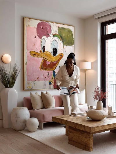 Hand-Painted Donald Duck Wall Art Donald Duck Abstract Oil Painting Colorful Abstract Cartoon Decor