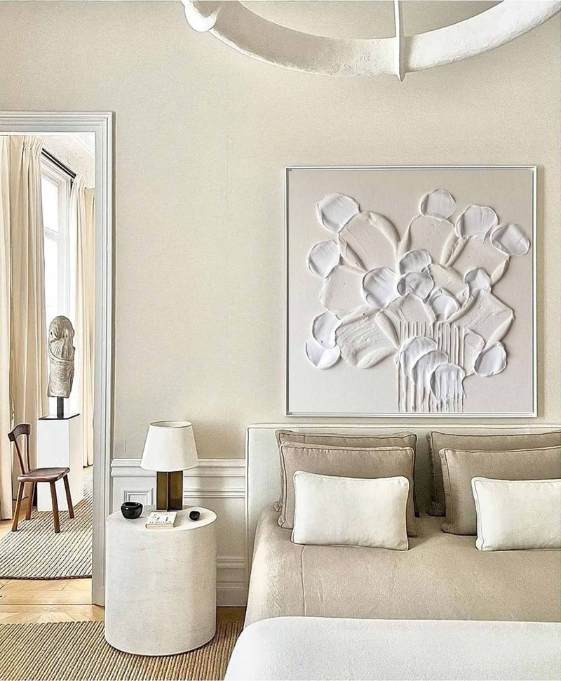 3D Textured Flower Painting Beige Floral Textured Wall Art White Floral Wall Art