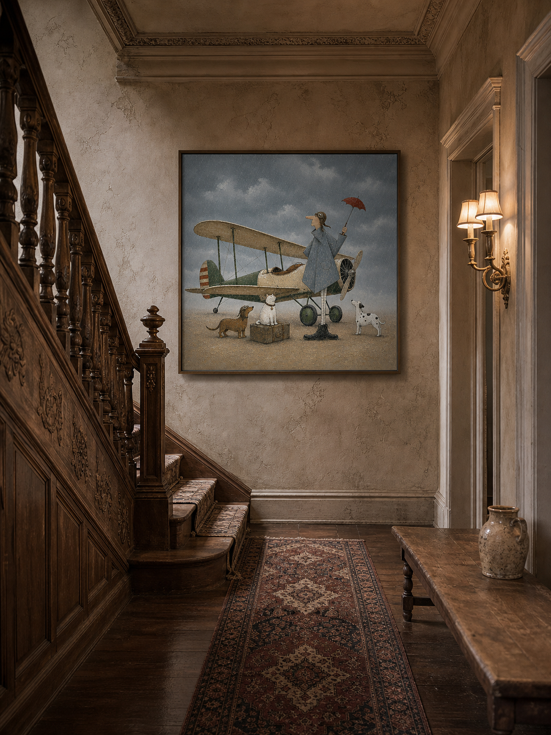 Minimalist Vintage Airplane Canvas Painting Handmade Retro Pilot With Dogs Art