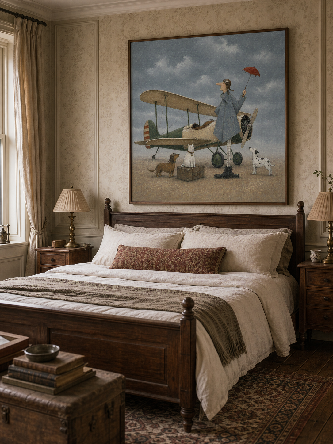 Minimalist Vintage Airplane Canvas Painting Handmade Retro Pilot With Dogs Art