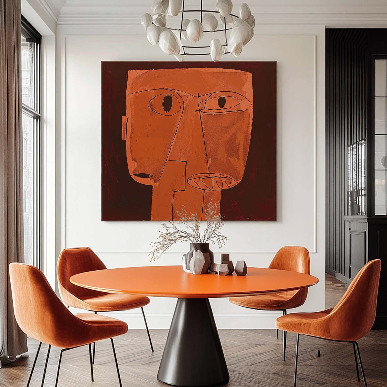 Vintage Orange Human Face Abstract Painting Large Retro Orange Canvas Art Retro Neutral Decor